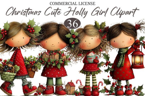 Download Christmas Cute Holly Girl Clipart - Holly Collection